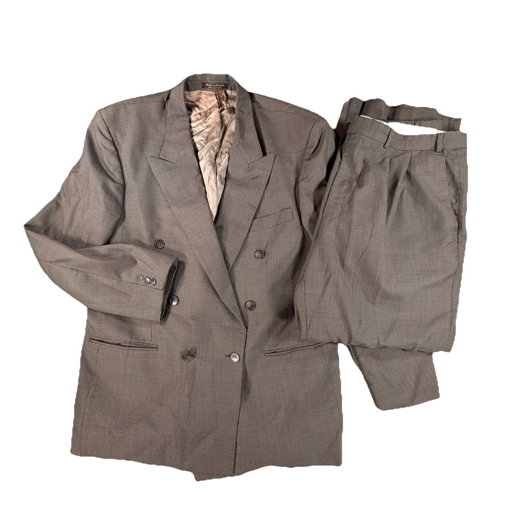 VTG 90s Bachrach 48L 40x31 2pc Double Breasted Pant Suit Brown Black Houndstooth